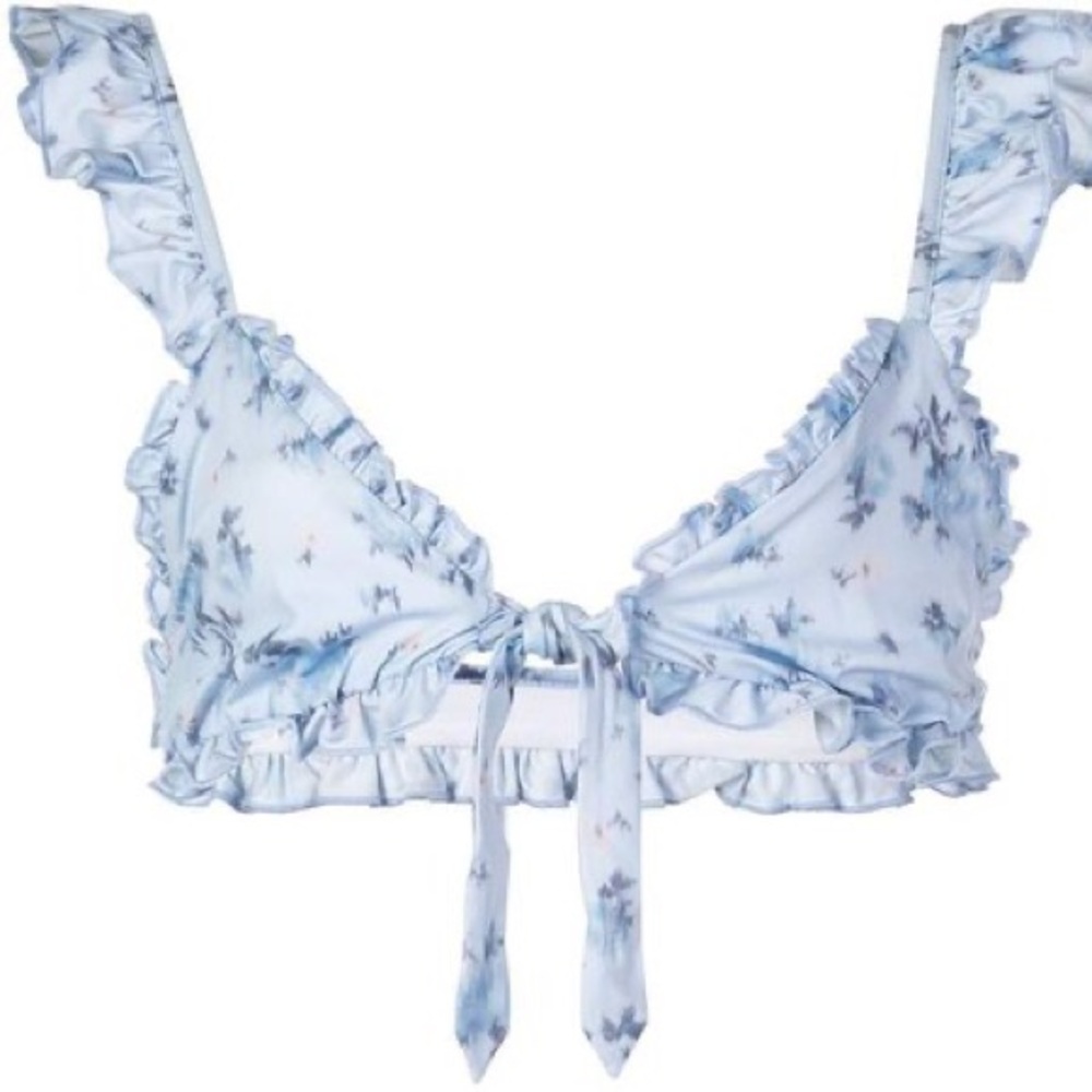 LOVESHACKFANCY Claudia Ruffled Floral Bikini Top In Mystical Blue